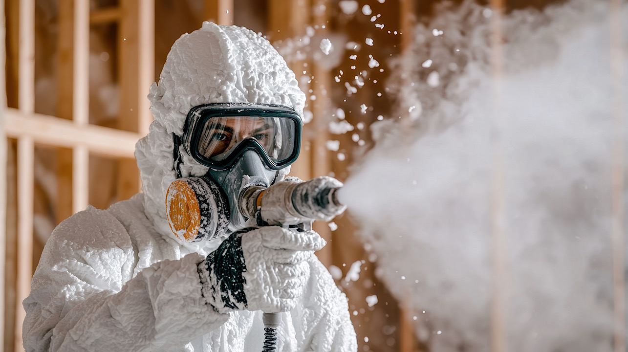 Construction worker uses spray foam insulation in ID & OR